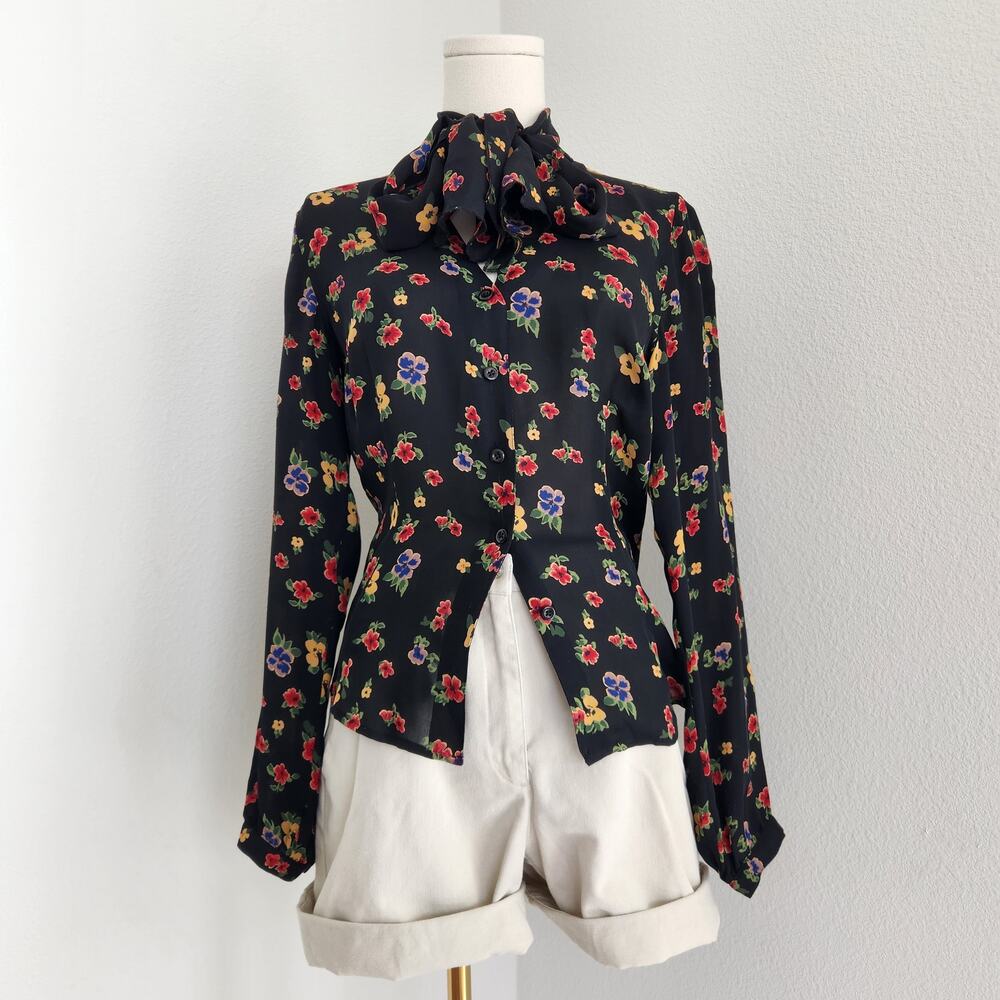 Vintage 90s Black Floral Silk Top Neck Tie Long Sleeve V Neck Coldwater Creek XS